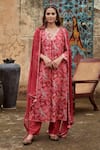 Buy_KARAJ JAIPUR_Maroon Kurta Chinnon Embroidered Dori Scalloped V Paisley Print Pant Set _at_Aza_Fashions