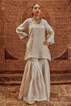 Buy_Roze_Silver Silk Tissue Embroidered Floral Square Nusrat Short Kurta And Gharara Set _Online_at_Aza_Fashions