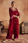 Roze_Pink Kurta And Palazzo- Micro Velvet Hand Embroidered Floral Razia Paisley Set _Online_at_Aza_Fashions