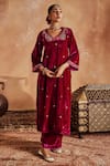 Shop_Roze_Pink Kurta And Palazzo- Micro Velvet Hand Embroidered Floral Razia Paisley Set _Online_at_Aza_Fashions