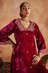 Roze_Pink Kurta And Palazzo- Micro Velvet Hand Embroidered Floral Razia Paisley Set _at_Aza_Fashions