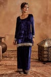 Buy_Roze_Blue Kurta And Palazzo Micro Velvet Embroidery Tikki Lace Square Mira Set _Online_at_Aza_Fashions