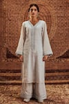 Buy_Roze_Silver Soft Tissue Embroidery Lace V Nargis Kurta With Pant _Online_at_Aza_Fashions