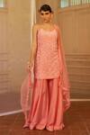 Buy_Mona And Vishu_Pink Silk, Tulle Pearls, Cut Work Round Floral Embroidered Kurta Sharara Set _at_Aza_Fashions