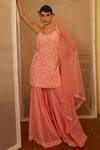 Shop_Mona And Vishu_Pink Silk, Tulle Pearls, Cut Work Round Floral Embroidered Kurta Sharara Set _at_Aza_Fashions