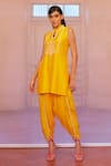 Buy_Mona and Vishu_Yellow Dupion Silk Embroidered Pearl And Cut Dana Work Band Yoke Kurta & Pant Set _at_Aza_Fashions