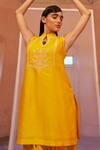 Buy_Mona and Vishu_Yellow Dupion Silk Embroidered Pearl And Cut Dana Work Band Yoke Kurta & Pant Set _Online_at_Aza_Fashions