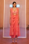 Buy_Mona and Vishu_Coral Jacket Organza Embroidered Pearl And Bead Work Jacket Draped Skirt Set _at_Aza_Fashions