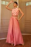 Buy_Mona And Vishu_Pink Silk Embroidery Round Neck Hibiscus Top And Palazzo Set _at_Aza_Fashions