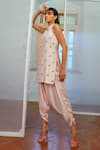 Buy_Mona and Vishu_Pink Dupion Silk Embroidered Pearl And Zari Work Closed Neck Kurta & Pant Set _Online_at_Aza_Fashions