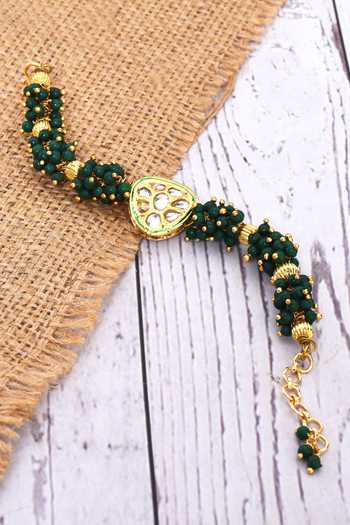 Shop_Just Shradhas_Green Beads Kundan Motif Studded Bracelet _at_Aza_Fashions