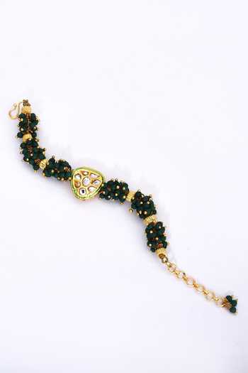 Buy_Just Shradhas_Green Beads Kundan Motif Studded Bracelet _Online_at_Aza_Fashions
