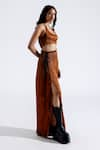 Buy_Aroka_Brown Modal Satin Plain Pleated High Slit Skirt _Online_at_Aza_Fashions