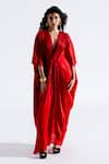 Buy_Aroka_Red Modal Satin Plain Plunge V Neck Ruched Kaftan _at_Aza_Fashions