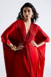 Buy_Aroka_Red Modal Satin Plain Plunge V Neck Ruched Kaftan _Online_at_Aza_Fashions