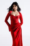 Shop_Aroka_Red Modal Satin Plain Sweetheart Neck Grace Ruched Dress _Online_at_Aza_Fashions
