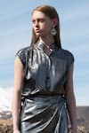 Dash and Dot_Silver 100% Polyester Stand Collar Metallic Shirt And Wrap Skirt Set  _Online_at_Aza_Fashions