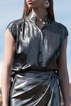 Shop_Dash and Dot_Silver 100% Polyester Stand Collar Metallic Shirt And Wrap Skirt Set  _Online_at_Aza_Fashions