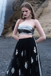 Dash And Dot_Black Nylon, Polyester Embroidery Bandeau Neck Floral Applique Skirt And Set _at_Aza_Fashions