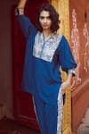 Dash And Dot Blue Viscose Embroidery V-neck Gara Yoke Tunic With Pant at Aza Fashions Dash And Dot_Blue Viscose Embroidery V-neck Gara Yoke Tunic With Pant _at_Aza_Fashions