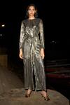 Shop_Dash And Dot_Gray Polyester Round Neck Grey Metallic Pleated Pant Set _Online_at_Aza_Fashions