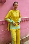 Shop_Dash and Dot_Yellow 100% Viscose Placement Embroidery Floral Bloom Shirt With Pant  _Online_at_Aza_Fashions