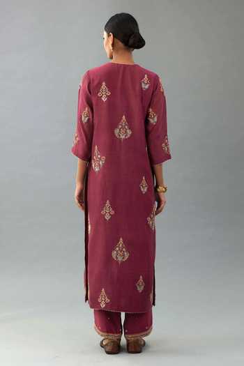 Shop_Kora_Wine Silk, Chanderi Sequins, Zari, Embroidery, Tassels Round Thread Kurta Set _at_Aza_Fashions