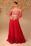 Buy_OMAL SINDWANI_Pink Georgette Hand Embroidered Sequins V Neck Blouse Skirt Set _at_Aza_Fashions