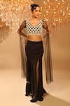 Buy_OMAL SINDWANI_Black Satin Hand Embroidered Sequins Blunt V Neck Blouse And Slit Lehenga Set _Online_at_Aza_Fashions