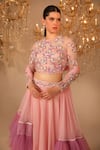 Buy_OMAL SINDWANI_Pink Net Hand Embroidered Sequins High Neck Blouse Lehenaga Set _Online_at_Aza_Fashions