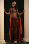Kaprapan by Anaita Shah_Black Crepe And Satin Chiffon Embroidered Print Draped Skirt Cape Set _Online_at_Aza_Fashions