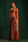 Buy_Kaprapan by Anaita Shah_Gold And Chiffon Printed Tree Bark Bustier Draped Skirt Set With Cape_Online_at_Aza_Fashions