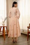 Shop_ASRUMO_Peach Chanderi Embroidery V-neck Resham Floral Anarkali Pant Set _at_Aza_Fashions