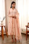 Shop_ASRUMO_Peach Chanderi Embroidery V-neck Resham Floral Anarkali Pant Set _Online_at_Aza_Fashions