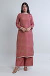 Buy_ASRUMO_Pink Muslin Print Bandhej Round Straight Kurta Flared Pant Set _Online_at_Aza_Fashions