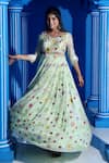 Shop_Kasturi Tikmani_Green Organza Embroidery Thread V Neck Floral Anarkali _Online_at_Aza_Fashions