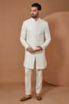 Buy_Kasbah_White Silk Embroidered Thread Sherwani Set _at_Aza_Fashions