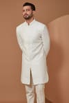 Kasbah_White Silk Embroidered Thread Sherwani Set _Online_at_Aza_Fashions