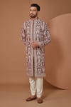 Buy_Kasbah_Maroon Velvet Embroidered Thread Sherwani Set _at_Aza_Fashions