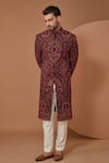 Buy_Kasbah_Black Georgette Embroidered Thread Jamawar Sherwani_at_Aza_Fashions