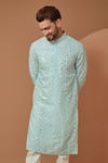 Kasbah_Sky Blue Silk Embroidered Thread Mirrorwork Kurta_Online_at_Aza_Fashions