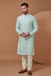 Buy_Kasbah_Blue Silk Embroidered Thread Floral Mirrorwork Kurta _at_Aza_Fashions