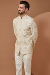 Kasbah_Ivory Chanderi Silk Embroidery Floral Bandhgala _Online_at_Aza_Fashions