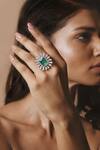 Prata_Green Fabric Flowers, Diamonds Faux Emerald Doublet Stone Ring _Online_at_Aza_Fashions