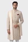 Shop_Raghavendra Rathore Jodhpur_Gold Silk Floral Coronation Pattern Achkan _Online_at_Aza_Fashions