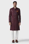 Raghavendra Rathore Jodhpur_Wine Linen Embroidery Regalia Achkan _Online_at_Aza_Fashions