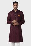 Buy_Raghavendra Rathore Jodhpur_Wine Linen Embroidery Regalia Achkan _Online_at_Aza_Fashions