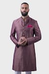 Shop_Raghavendra Rathore Jodhpur_Wine Silk Floral Baroda Pattern Achkan _Online_at_Aza_Fashions