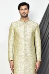 Aryavir Malhotra_Green Dupion Art Silk Embroidered Zari Floral Jaal Sherwani _Online_at_Aza_Fashions