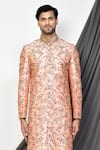 Aryavir Malhotra_Peach Dupion Art Silk Embroidered Zari Floral Jaal Thread Sherwani _Online_at_Aza_Fashions